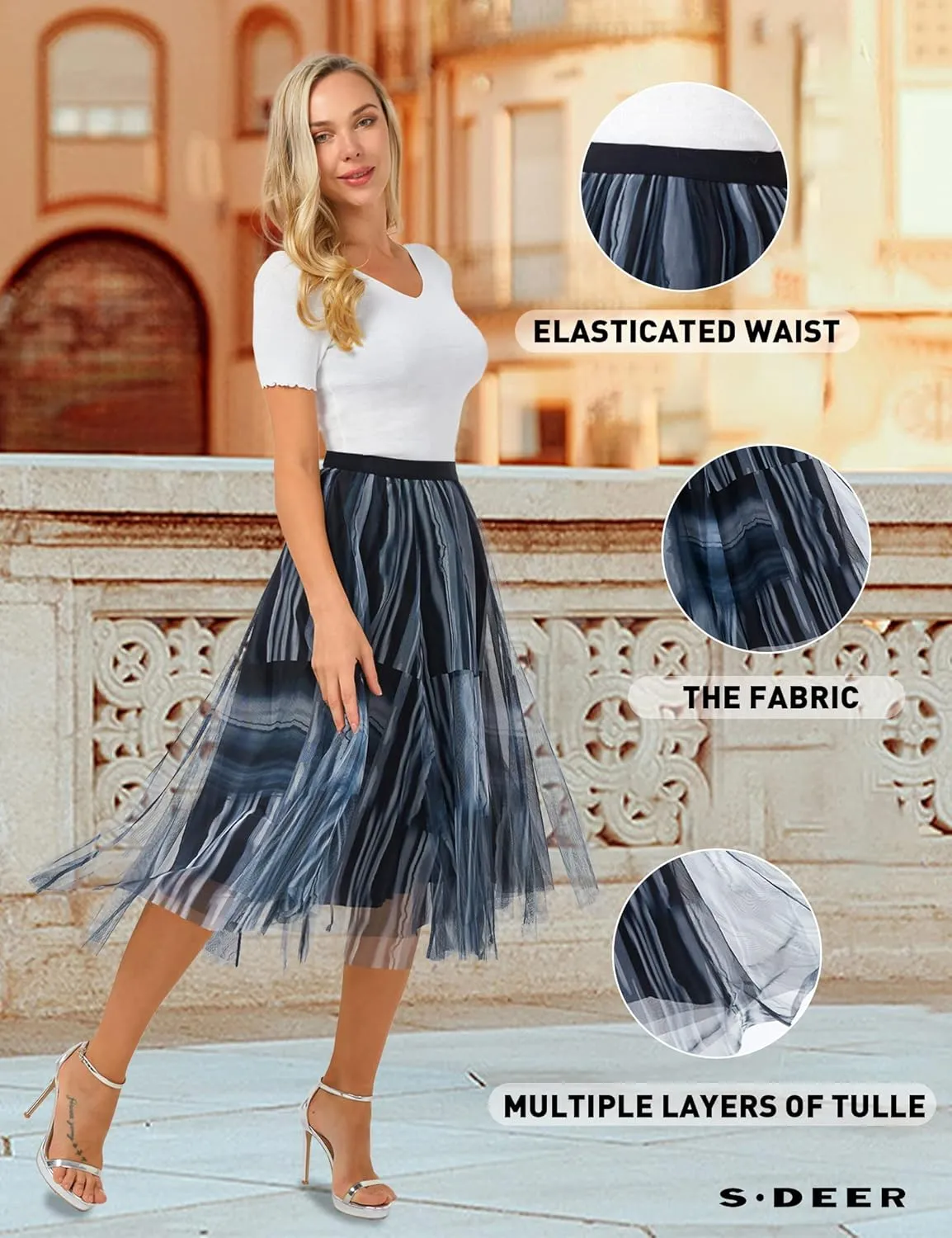 SDEER Women's Tie Dye Tulle Mesh Skirt Midi Length Casual A-Line High Waist Pleated Evening Party Dress