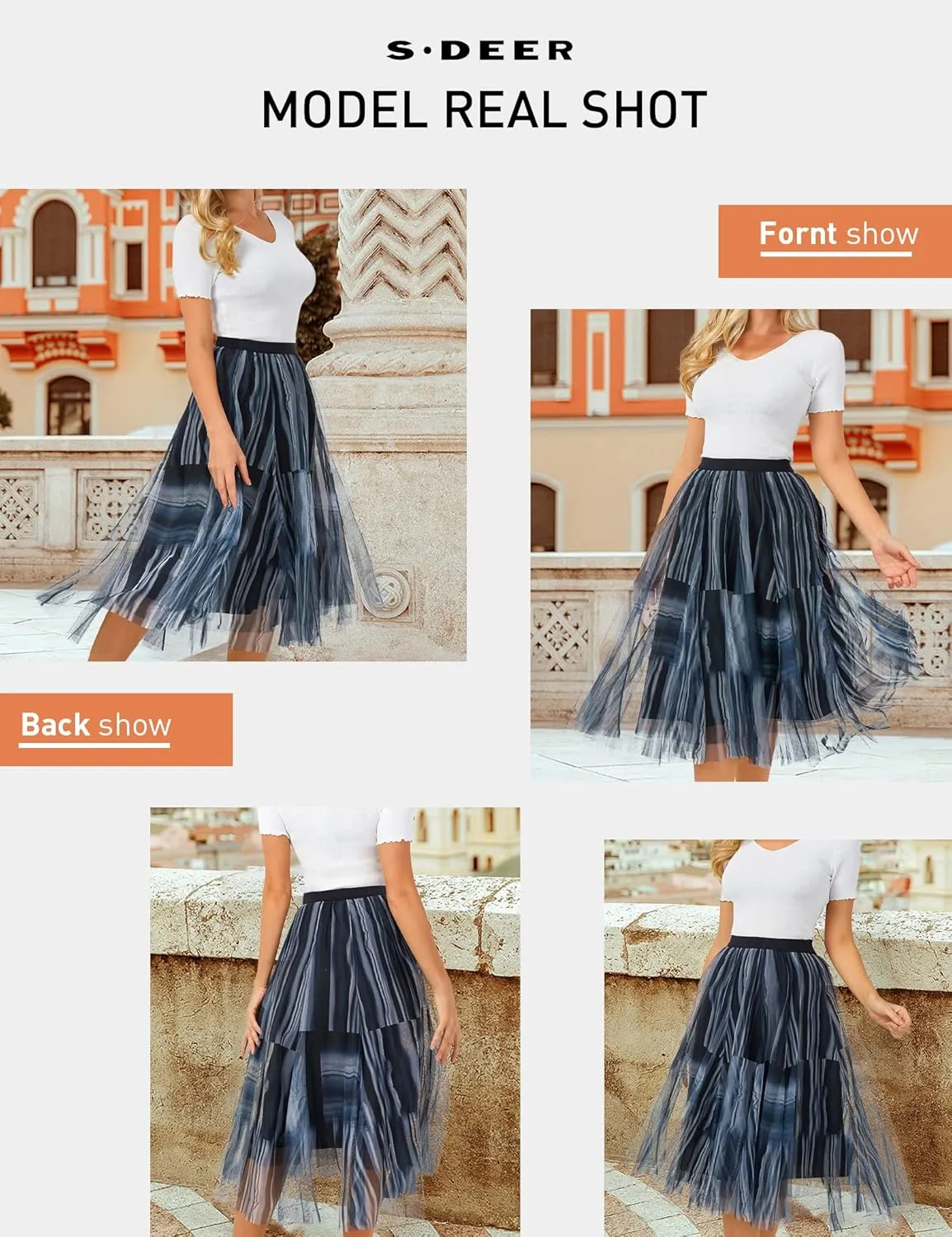 SDEER Women's Tie Dye Tulle Mesh Skirt Midi Length Casual A-Line High Waist Pleated Evening Party Dress