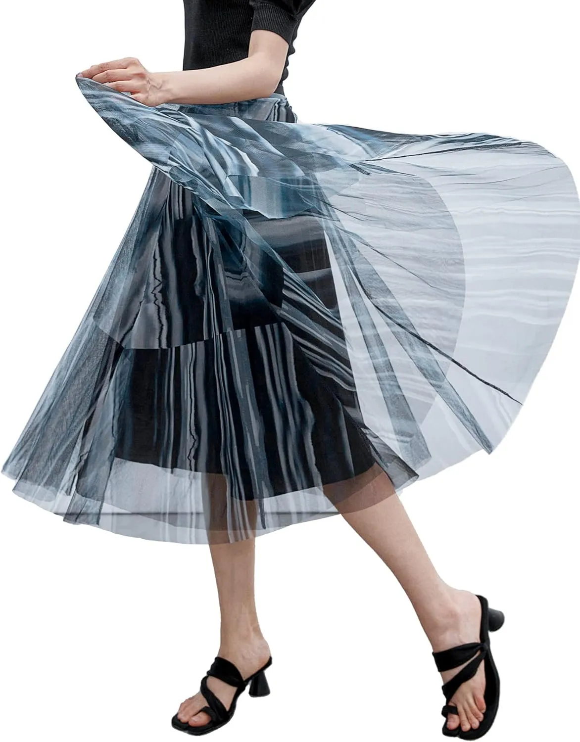 SDEER Women's Tie Dye Tulle Mesh Skirt Midi Length Casual A-Line High Waist Pleated Evening Party Dress