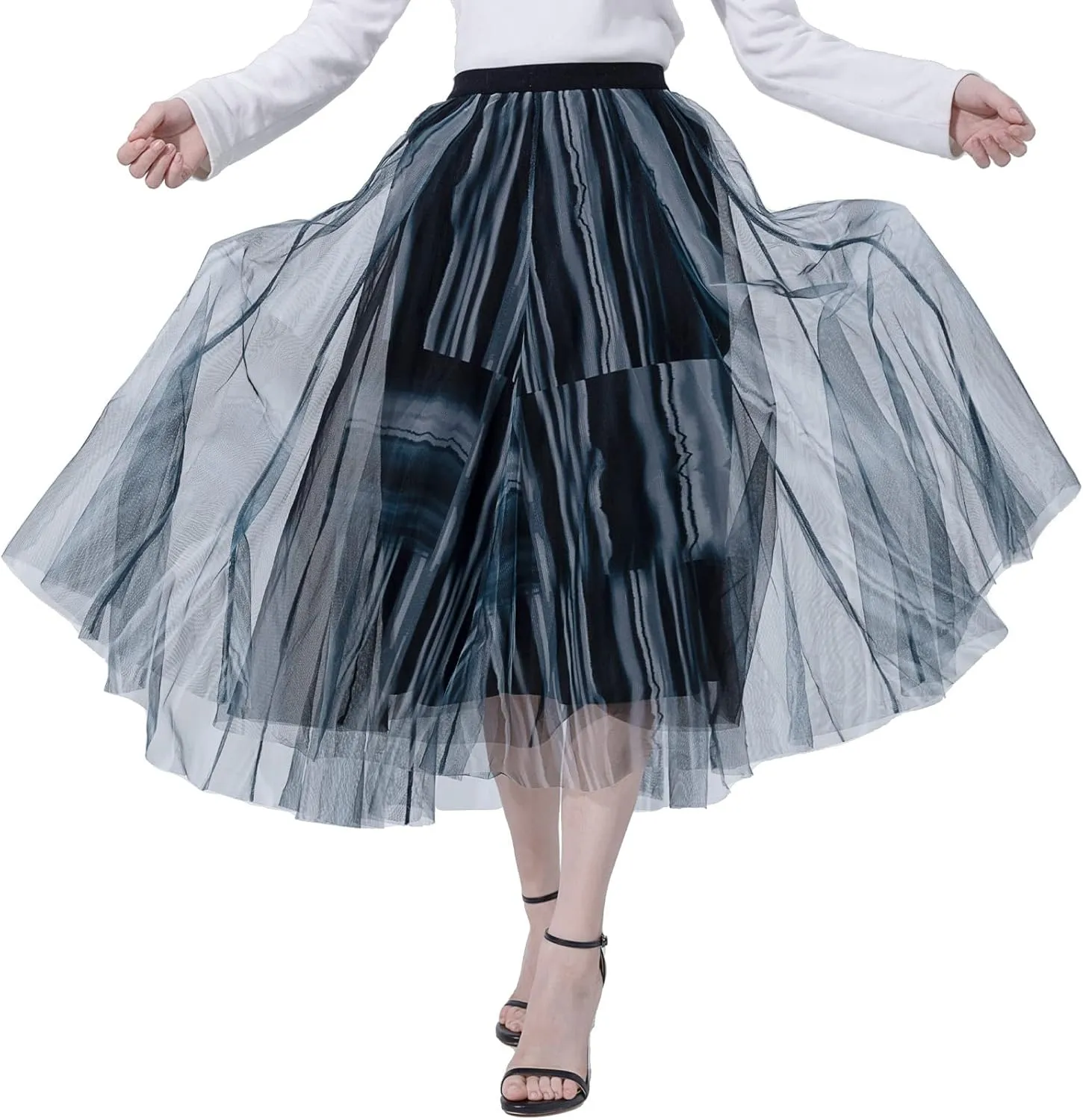 SDEER Women's Tie Dye Tulle Mesh Skirt Midi Length Casual A-Line High Waist Pleated Evening Party Dress