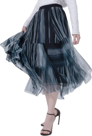 SDEER Women's Tie Dye Tulle Mesh Skirt Midi Length Casual A-Line High Waist Pleated Evening Party Dress