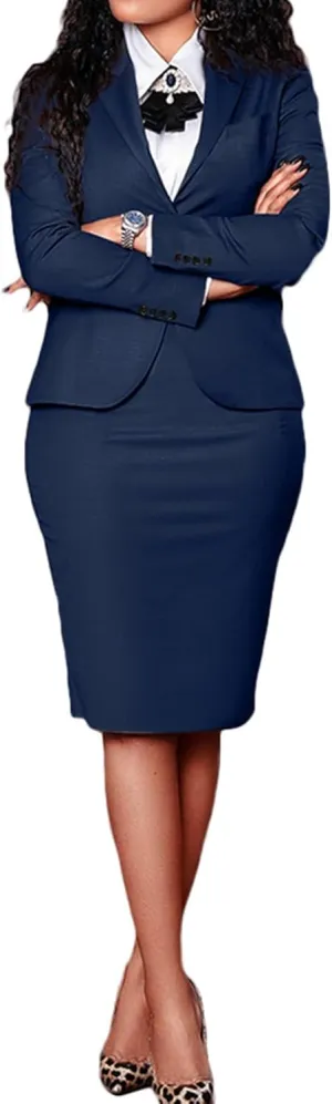 Seltaon Women's 2 Piece Suit Skirt Set Business Office Work Outfit Blazer Jackets Midi Pencil Skirt Suits Plus Size