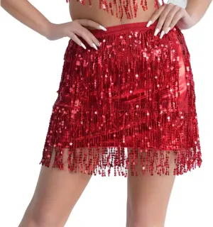 Sequin Tassel Skirt Belly Dance Hip Scarf Sparkly Fringe Mini Skirt Night Out Festival Party Rave Costume for Women