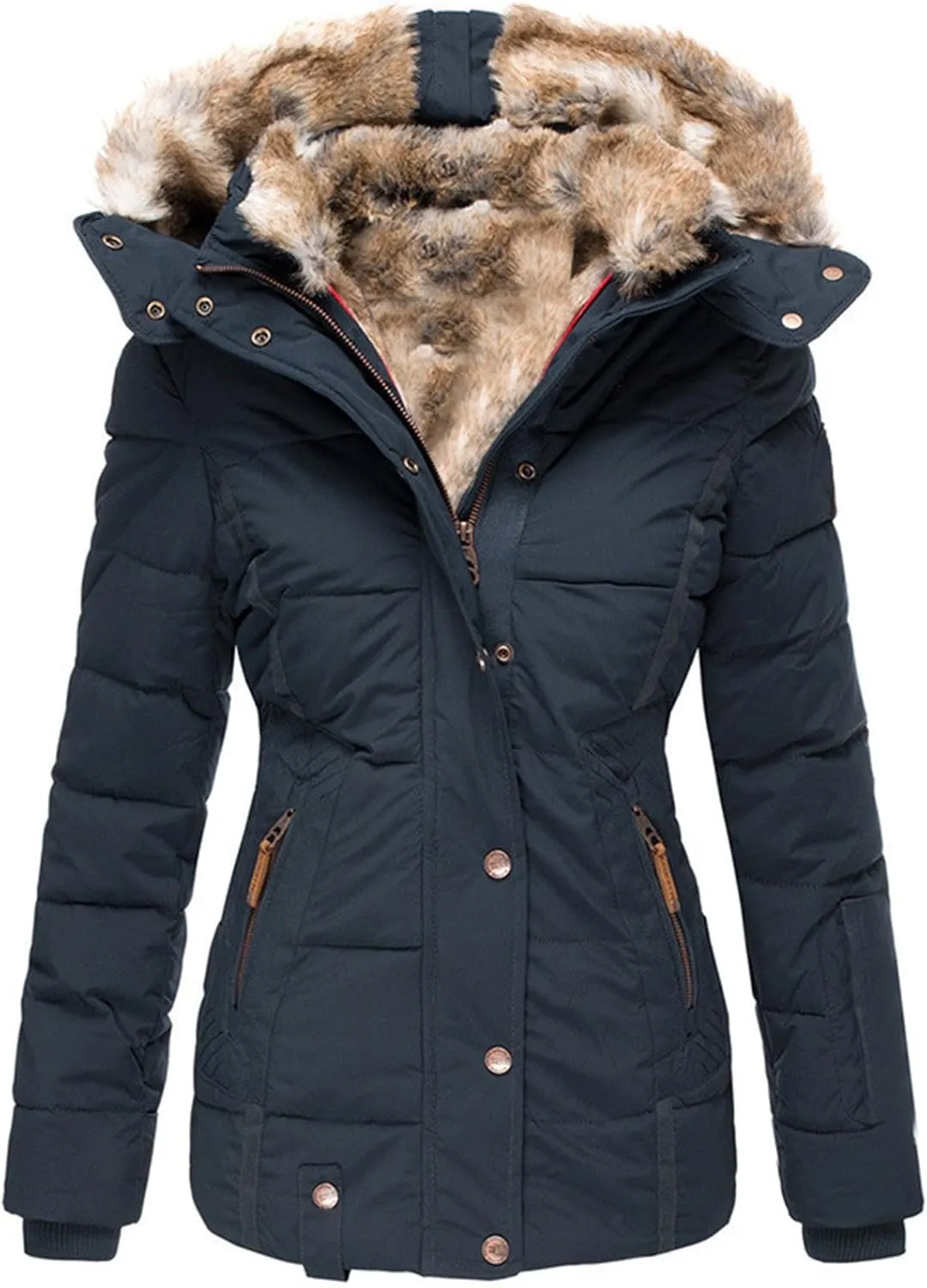 SHAOBGE Girl Down Jacket Women's Warm Woolen Collar Cotton Jacket with Zipper Long Sleeved Slim Fitting Hooded Women's