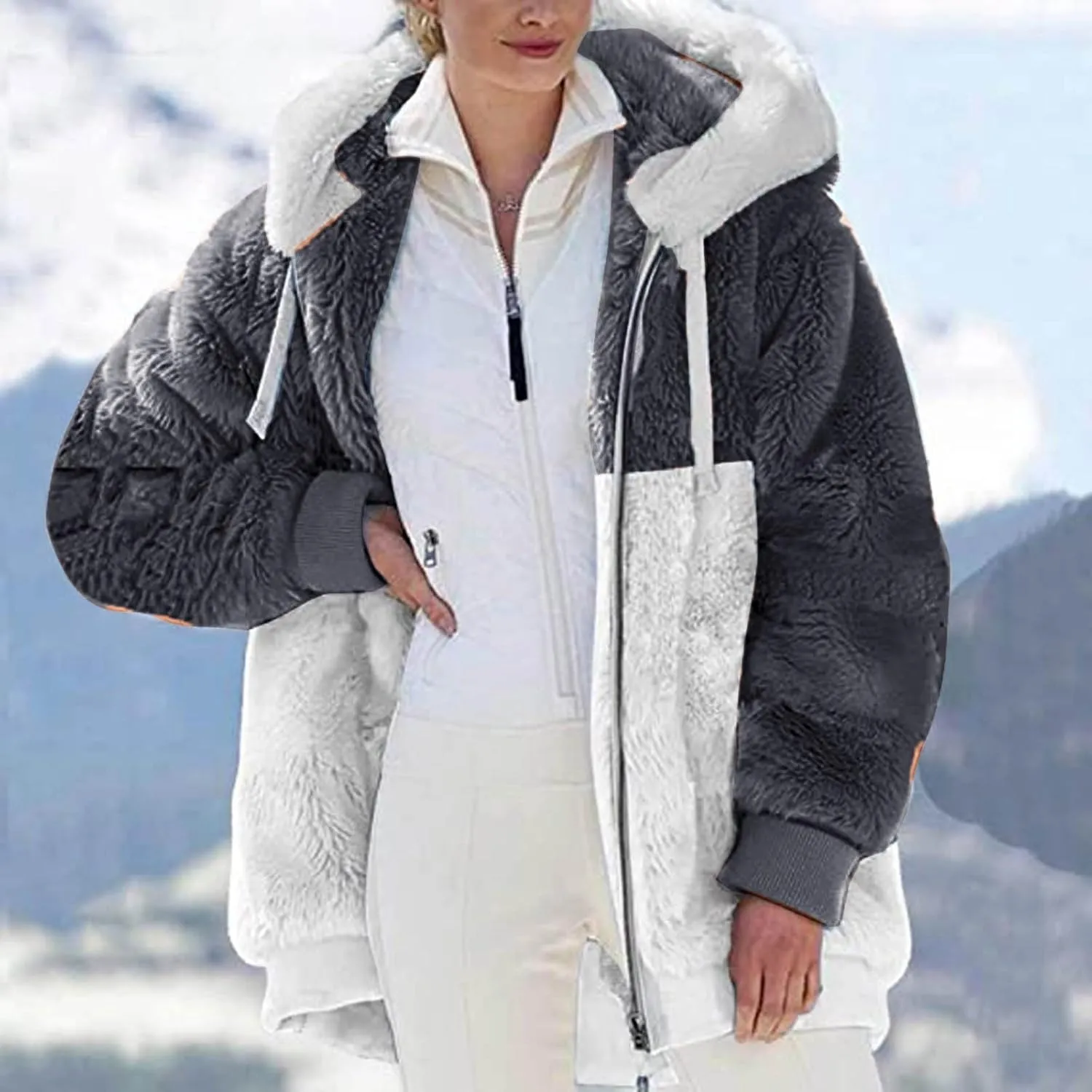 SHAOBGE Jacket Cotton Women's Fashion Casual Patchwork Hooded Zipper Pocket Plush Sweater Jacket Women's Casual Jackets