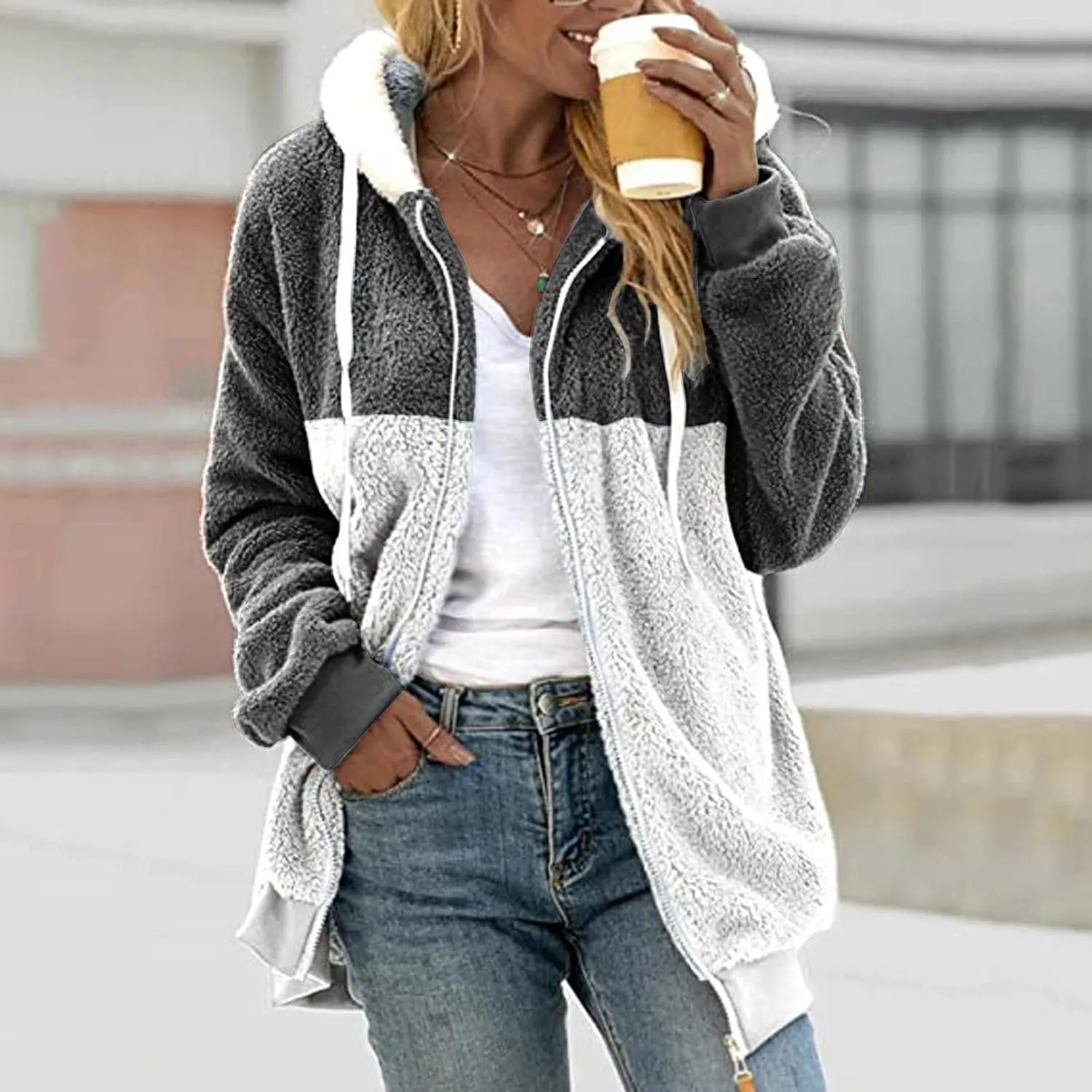 SHAOBGE Jacket Cotton Women's Fashion Casual Patchwork Hooded Zipper Pocket Plush Sweater Jacket Women's Casual Jackets