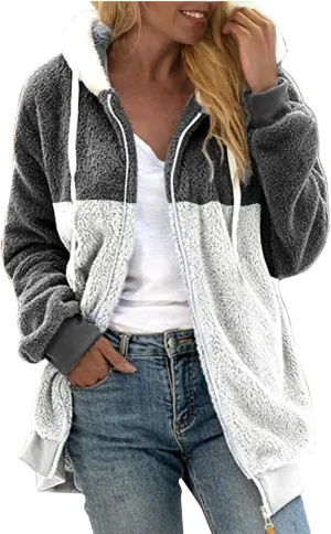 SHAOBGE Jacket Cotton Women's Fashion Casual Patchwork Hooded Zipper Pocket Plush Sweater Jacket Women's Casual Jackets