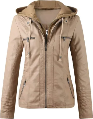 SHAOBGE Jacket Long Leather Women's Slim Zip Belt Tops Stand Jacket Suit Collar Motorcycle Coat Women's Coat Jackets