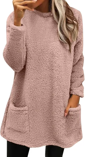 SHAOBGE Womens 2023 Winter Fleece Jacket Sweater Warm Solid Color Outerwear Lightweight Casual Loose Coat with Pockets