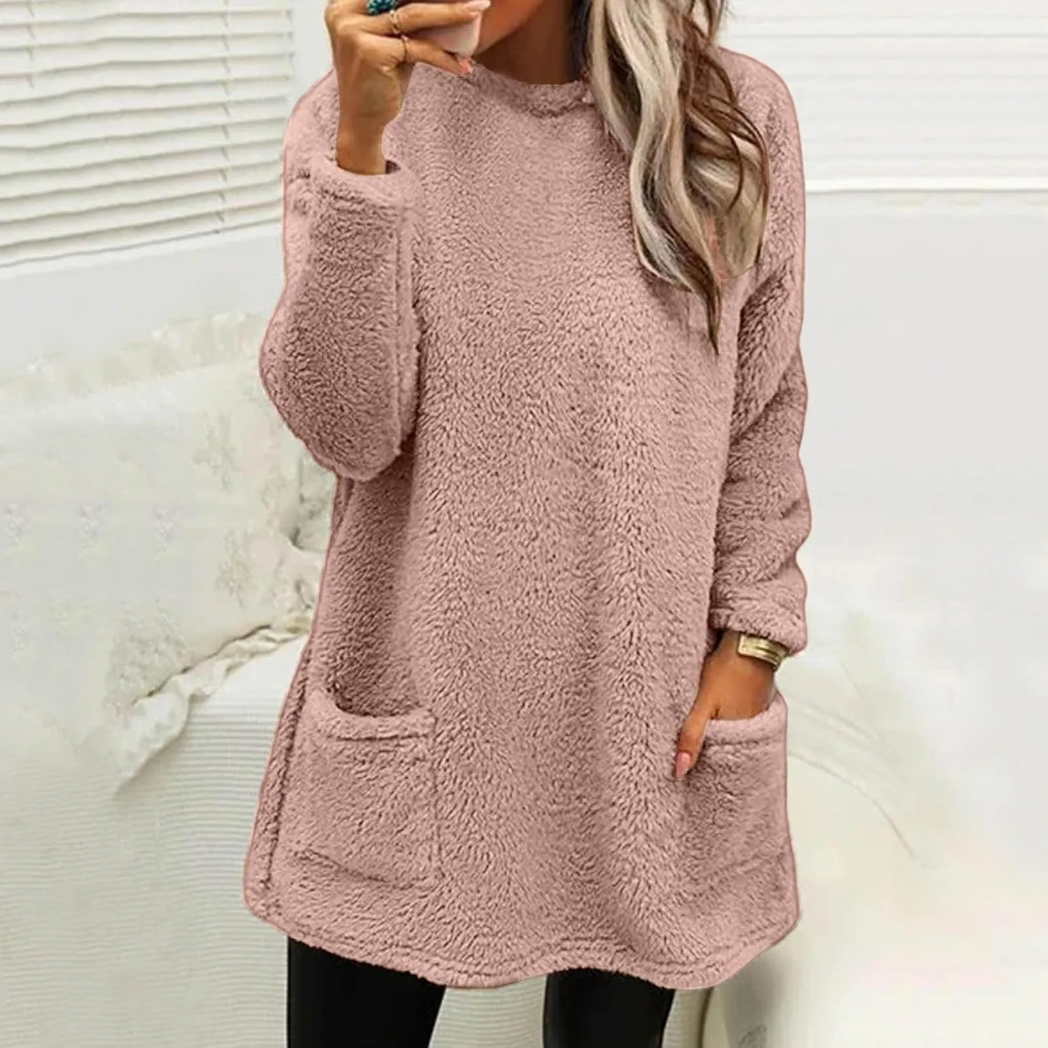 SHAOBGE Womens 2023 Winter Fleece Jacket Sweater Warm Solid Color Outerwear Lightweight Casual Loose Coat with Pockets