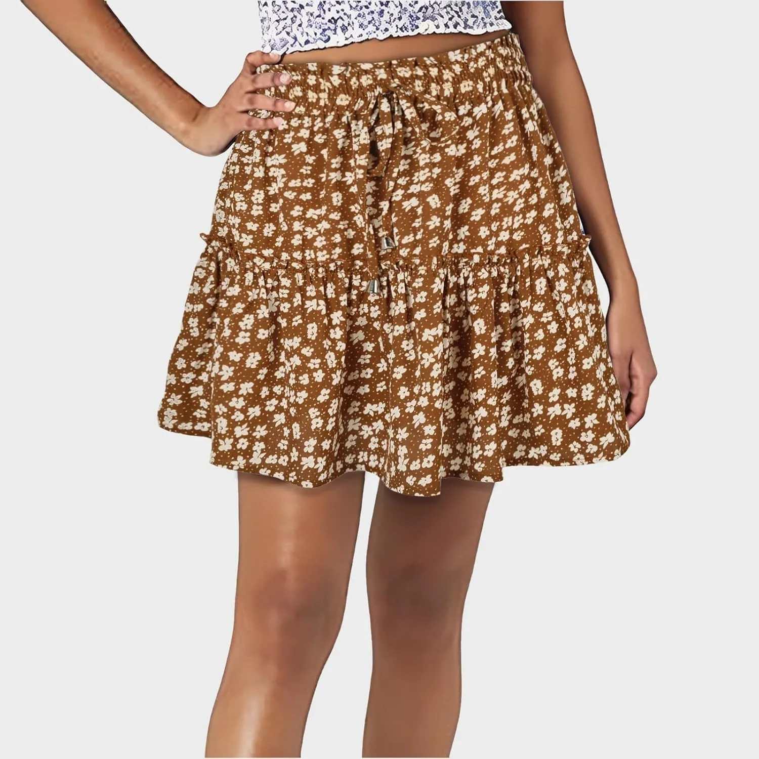 Skirts for Women Drawstring Elastic Waist Ruffle Skirt Tie Front Boho Floral Print Layered Flowy Mini Short Skirt