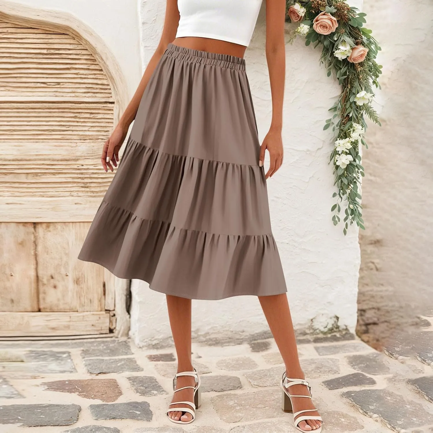 Skirts for Women Midi Length Boho Beach Vacation Flowy Floral Skirt Summer Casual Comfy High Waisted A Line Skirt