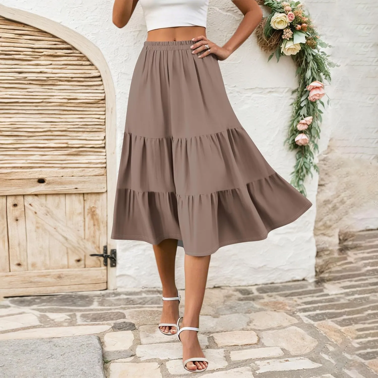 Skirts for Women Midi Length Boho Beach Vacation Flowy Floral Skirt Summer Casual Comfy High Waisted A Line Skirt