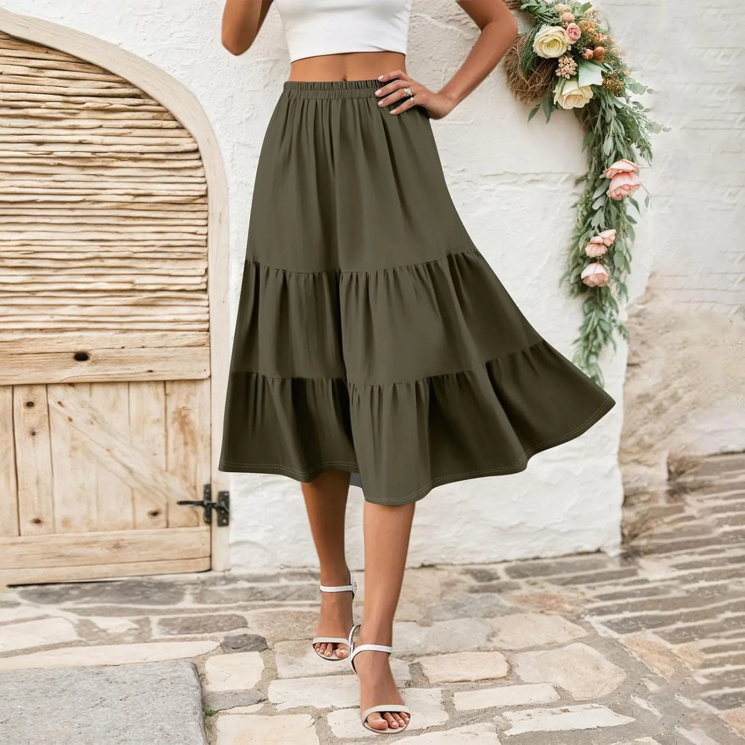 Skirts for Women Midi Length Boho Beach Vacation Flowy Floral Skirt Summer Casual Comfy High Waisted A Line Skirt