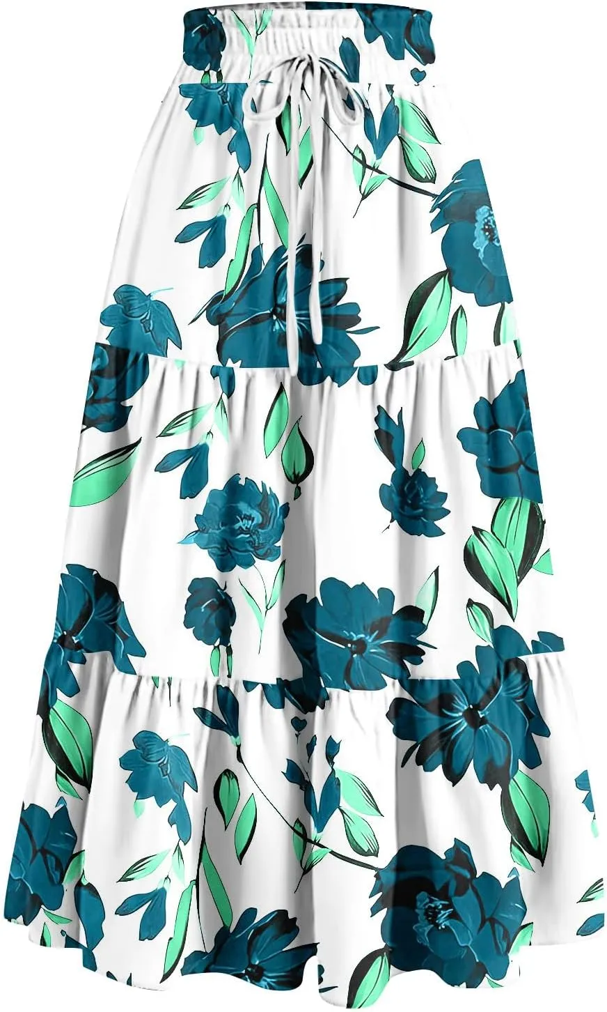 Skirts for Women Summer Tiered Elastic High Waisted Floral Skirt Vacation A Line Drawstring Flowy Long Skirts