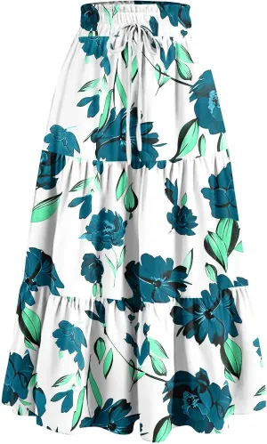 Skirts for Women Summer Tiered Elastic High Waisted Floral Skirt Vacation A Line Drawstring Flowy Long Skirts