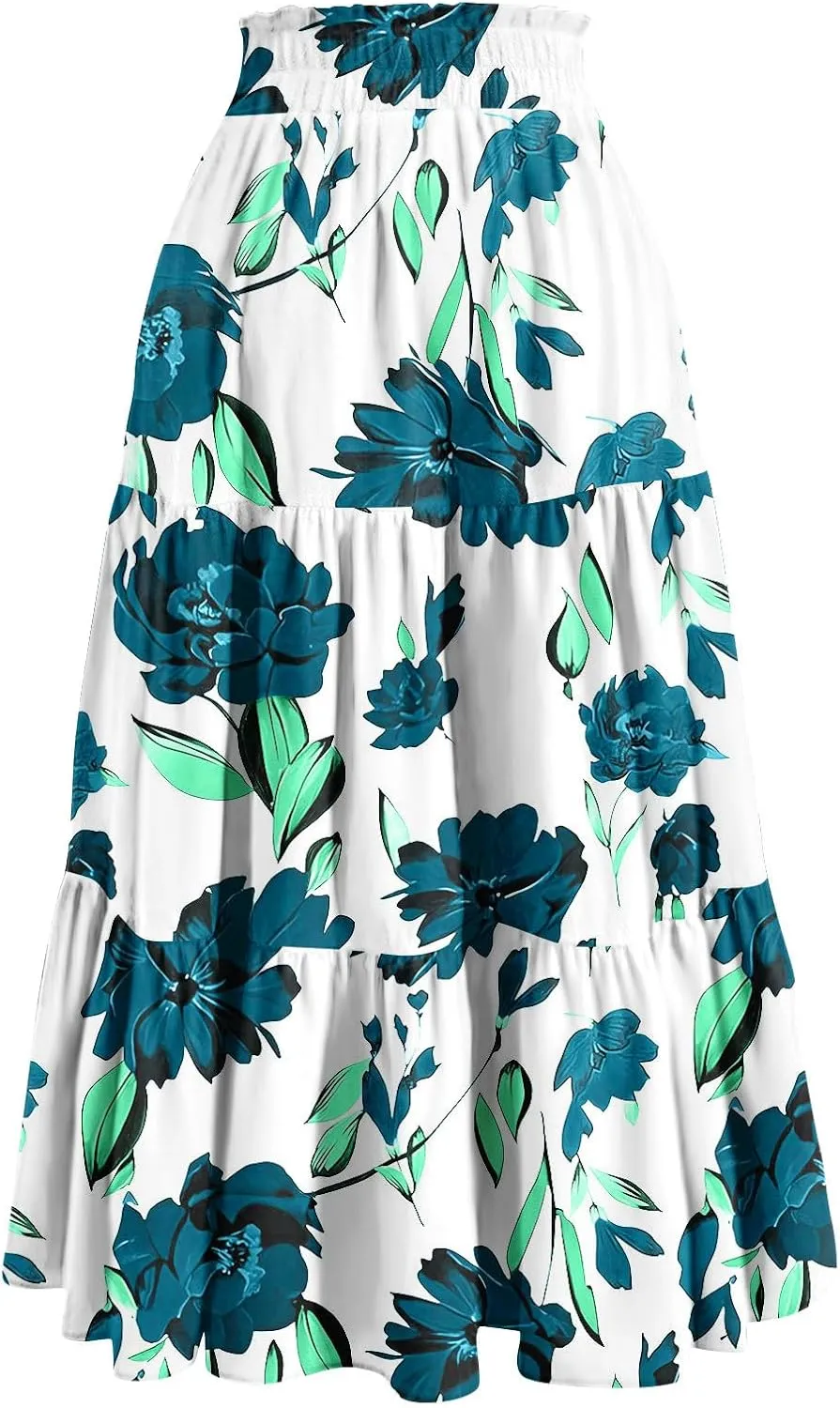 Skirts for Women Summer Tiered Elastic High Waisted Floral Skirt Vacation A Line Drawstring Flowy Long Skirts