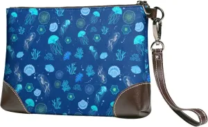 Small Clutch Purses for Women - Blue Jellyfish Shell Coral Leather Wristlet Wallets for Women with Wrist Strap