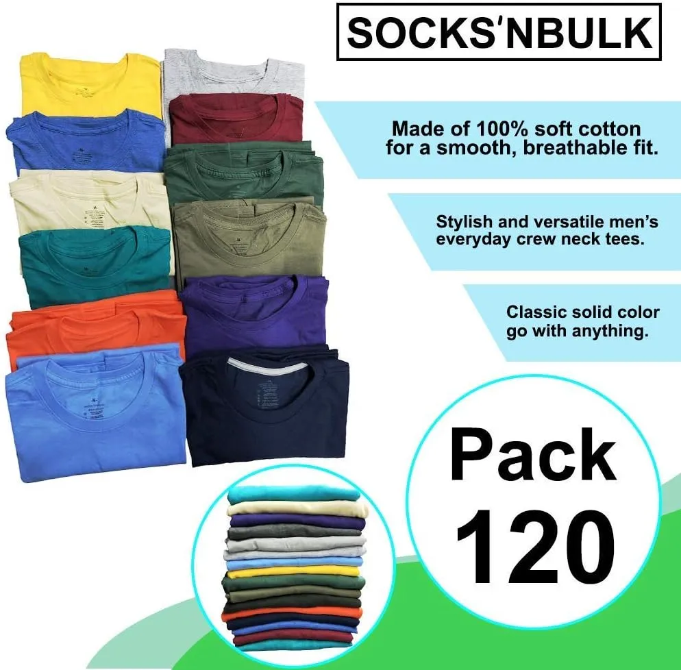 SOCKS'NBULK 120 Pack Mens Cotton Crew Neck Short Sleeve T-Shirts Mix Colors Bulk Wholesale Tshirts Case