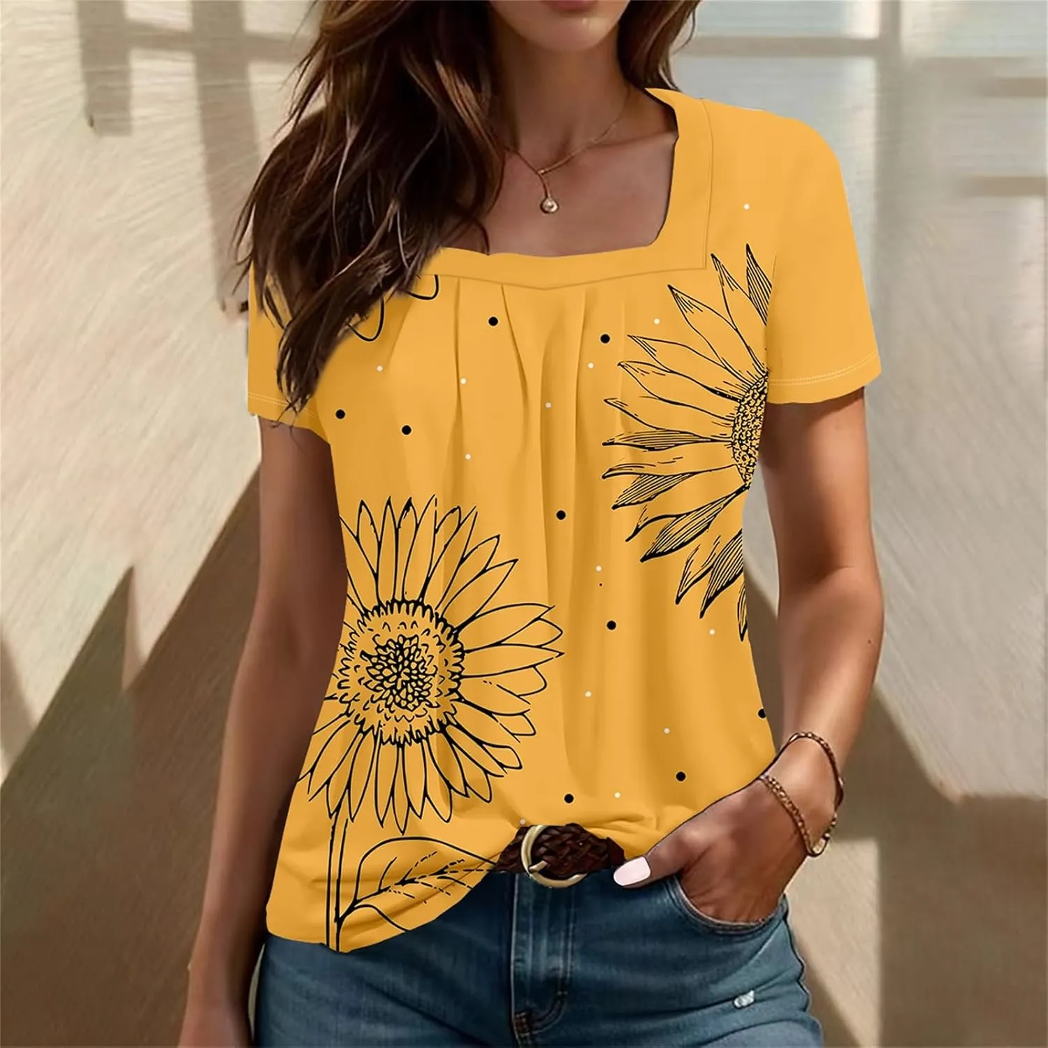 Square Neck Tops for Women Soft Cotton Short Sleeve Shirt Loose Fit Front Pleated Tops 2024 Trendy Summer Graphic Tee