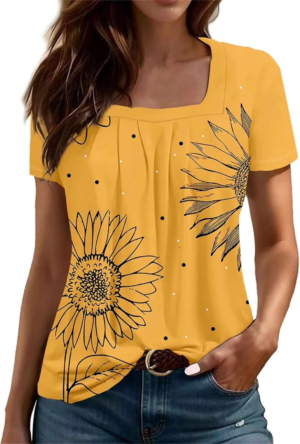 Square Neck Tops for Women Soft Cotton Short Sleeve Shirt Loose Fit Front Pleated Tops 2024 Trendy Summer Graphic Tee