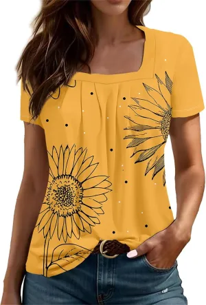 Square Neck Tops for Women Soft Cotton Short Sleeve Shirt Loose Fit Front Pleated Tops 2024 Trendy Summer Graphic Tee