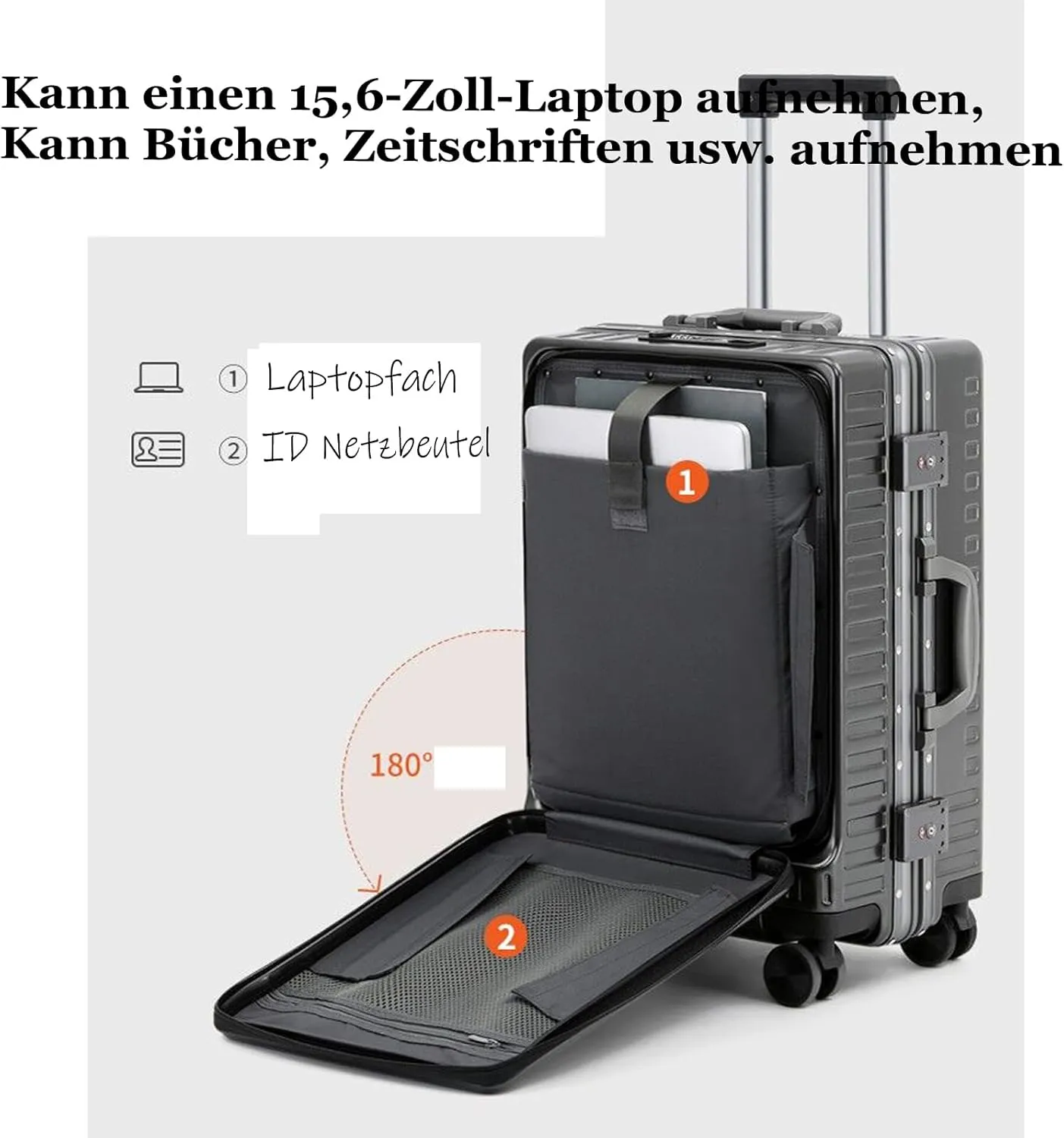 Suitcase, suitcase hard shell with front opening USB socket and STA suitcase,Silver,20in