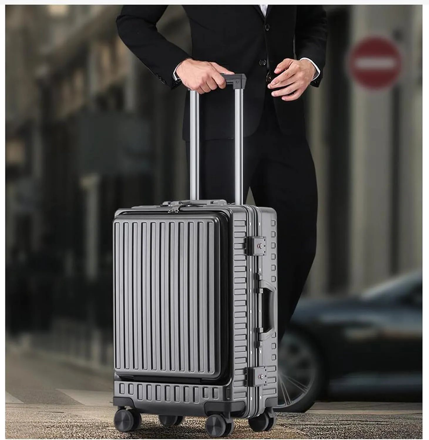 Suitcase, suitcase hard shell with front opening USB socket and STA suitcase,Silver,20in