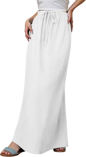Summer Linen Maxi Skirts for Women Boho Beach Vacation Drawstring Low Waist A Line Skirt Flowy Long Cover Ups