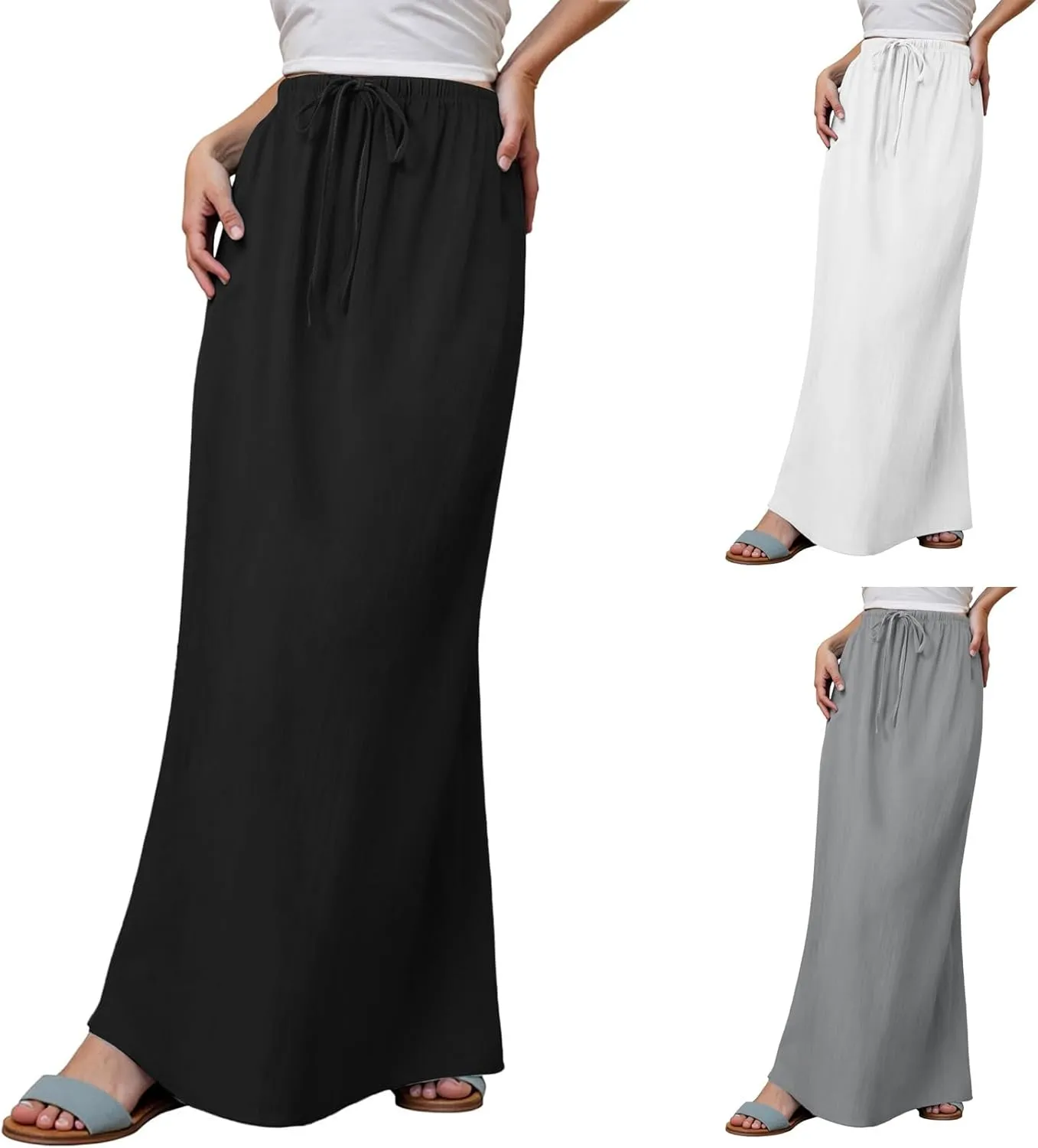 Summer Linen Maxi Skirts for Women Boho Beach Vacation Drawstring Low Waist A Line Skirt Flowy Long Cover Ups