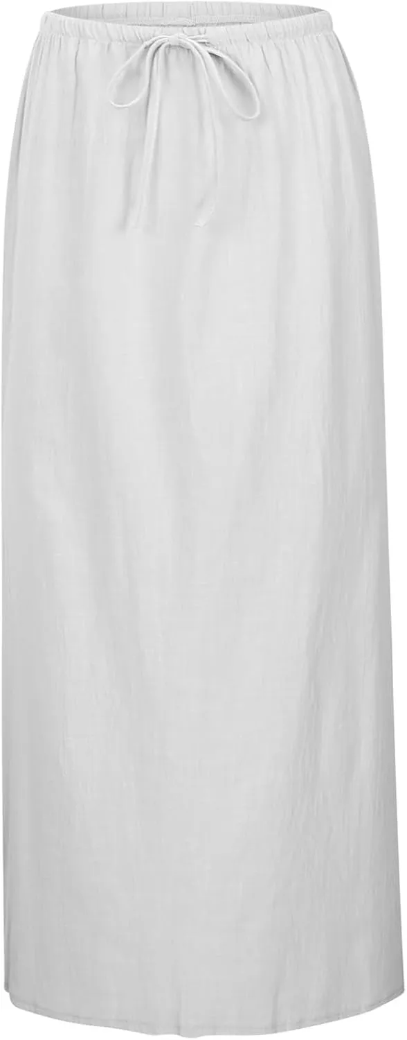 Summer Linen Maxi Skirts for Women Boho Beach Vacation Drawstring Low Waist A Line Skirt Flowy Long Cover Ups