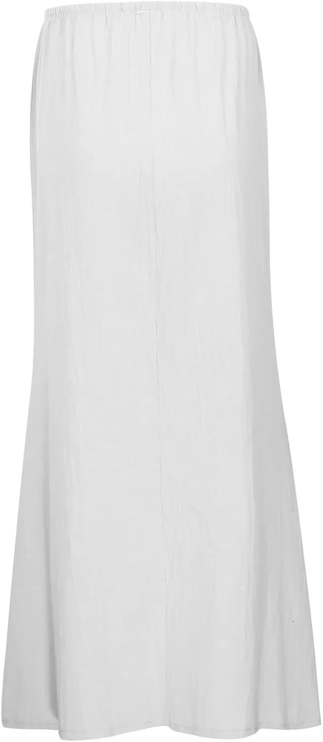 Summer Linen Maxi Skirts for Women Boho Beach Vacation Drawstring Low Waist A Line Skirt Flowy Long Cover Ups