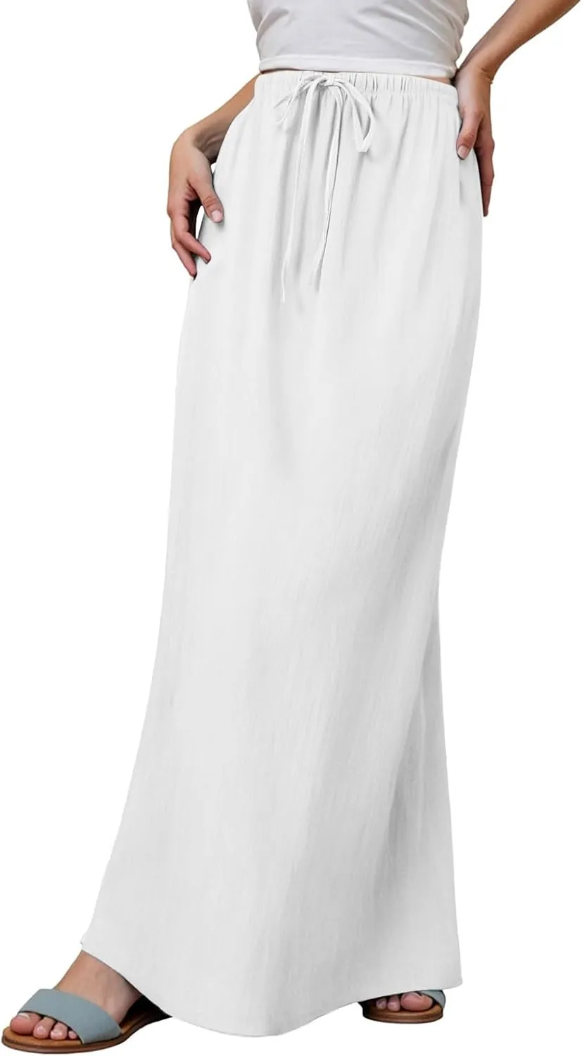 Summer Linen Maxi Skirts for Women Boho Beach Vacation Drawstring Low Waist A Line Skirt Flowy Long Cover Ups