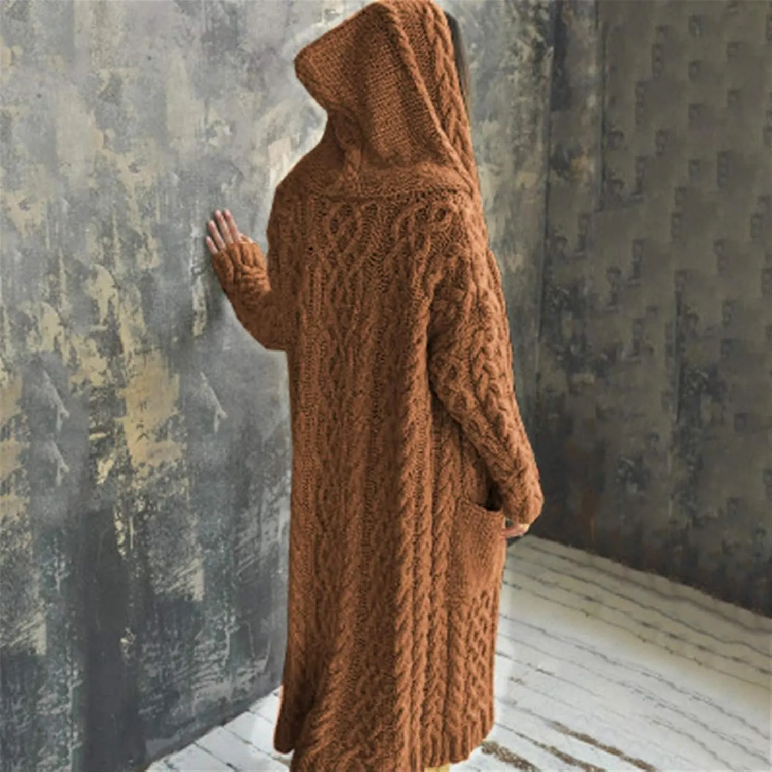 Tan Open Sweater Knitted Women Pocket Hooded Sweater Solid Solid Cardigan Coat Loose Long Big Soft Sweaters for