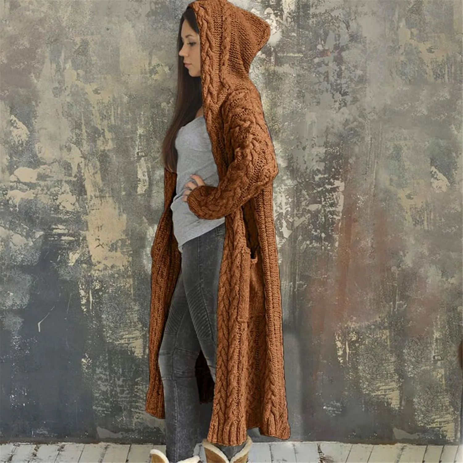 Tan Open Sweater Knitted Women Pocket Hooded Sweater Solid Solid Cardigan Coat Loose Long Big Soft Sweaters for
