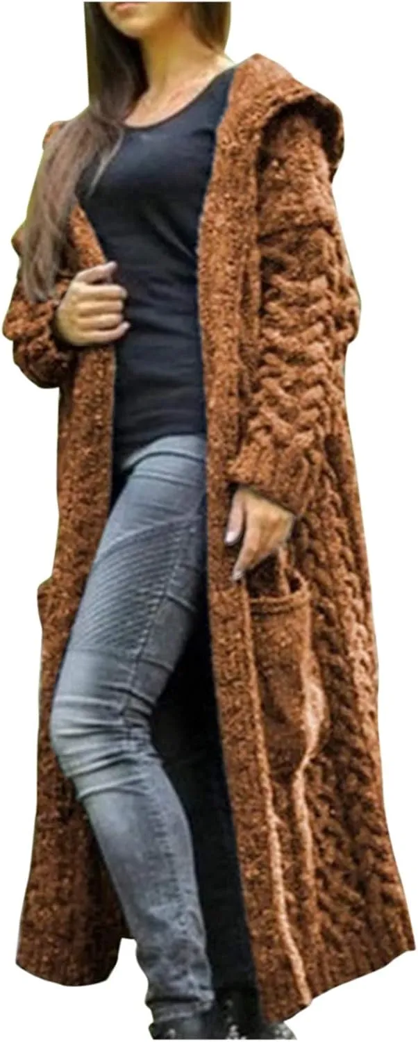 Tan Open Sweater Knitted Women Pocket Hooded Sweater Solid Solid Cardigan Coat Loose Long Big Soft Sweaters for