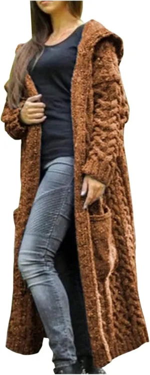 Tan Open Sweater Knitted Women Pocket Hooded Sweater Solid Solid Cardigan Coat Loose Long Big Soft Sweaters for