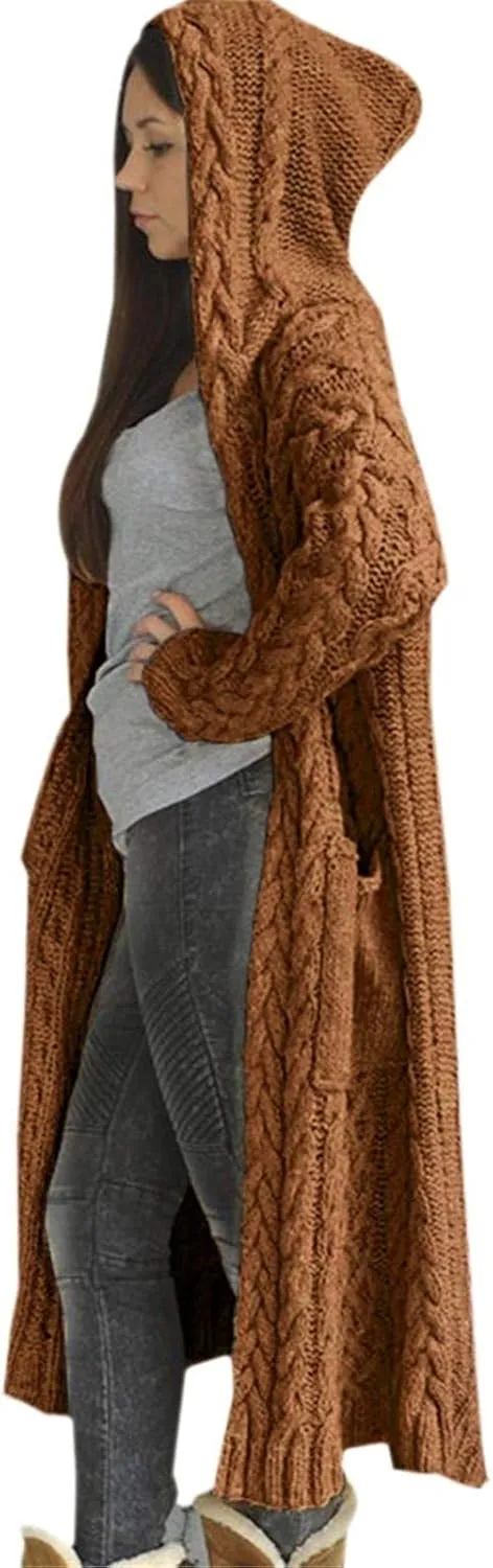 Tan Open Sweater Knitted Women Pocket Hooded Sweater Solid Solid Cardigan Coat Loose Long Big Soft Sweaters for