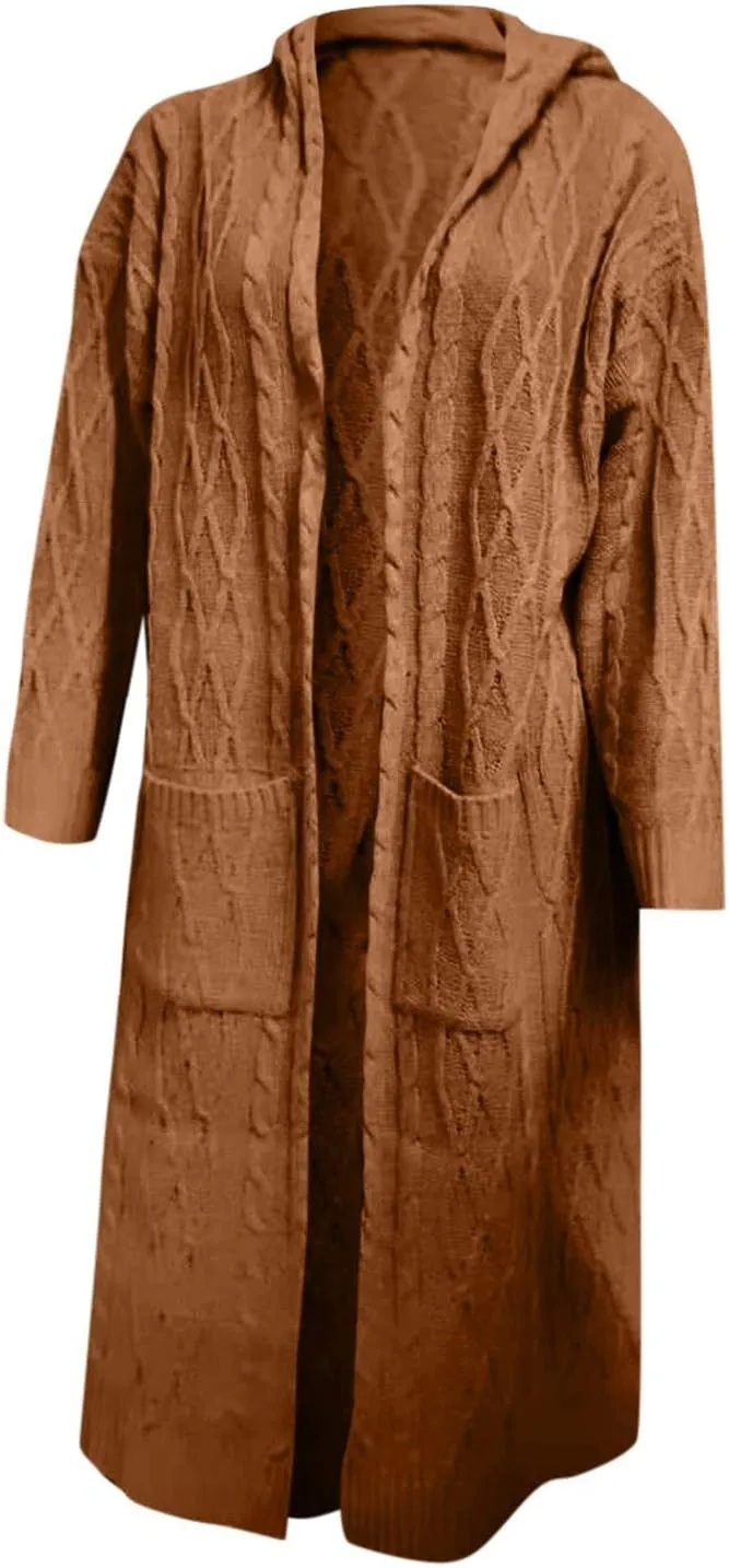 Tan Open Sweater Knitted Women Pocket Hooded Sweater Solid Solid Cardigan Coat Loose Long Big Soft Sweaters for