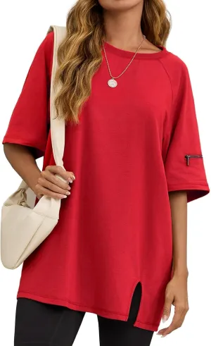Tankaneo Womens Oversized Workout Tshirts Split Hem Raglan Short Sleeve Tops Summer Casual Loose Fit Tee Shirt