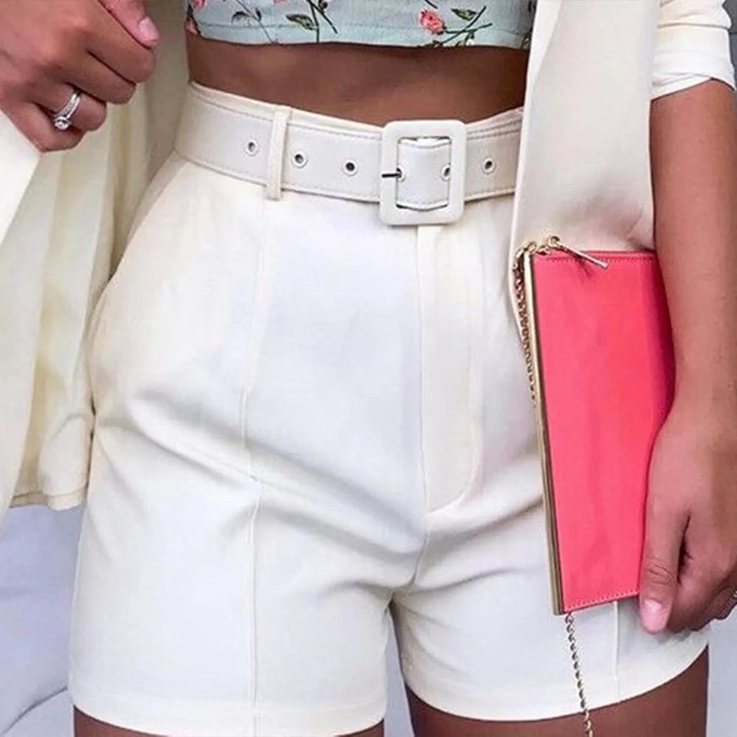 Tcremisa Blazer Shorts Set for Women 2 Piece Long Sleeve Open Front Blazers Short Suits Business Outfits with Belt
