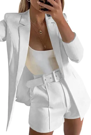 Tcremisa Blazer Shorts Set for Women 2 Piece Long Sleeve Open Front Blazers Short Suits Business Outfits with Belt