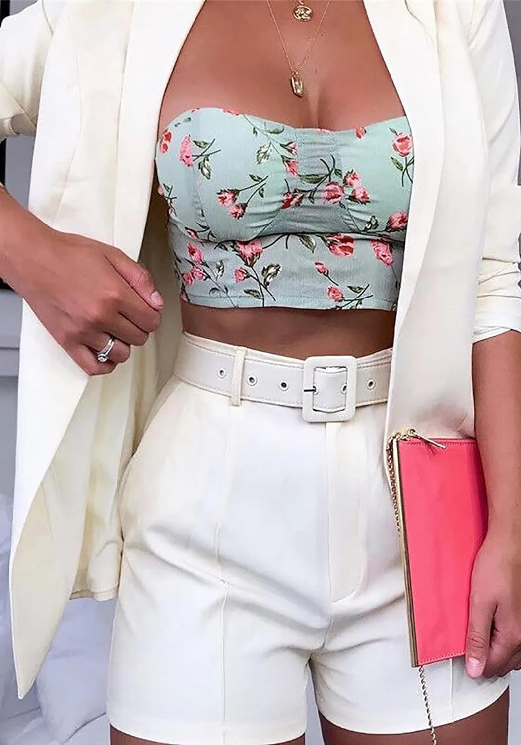 Tcremisa Blazer Shorts Set for Women 2 Piece Long Sleeve Open Front Blazers Short Suits Business Outfits with Belt