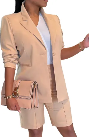 Tcremisa Women's 2025 Fashion Blazer Shorts Set Long Sleeve Office Suit Sets Casual 2 Piece Business Outfits