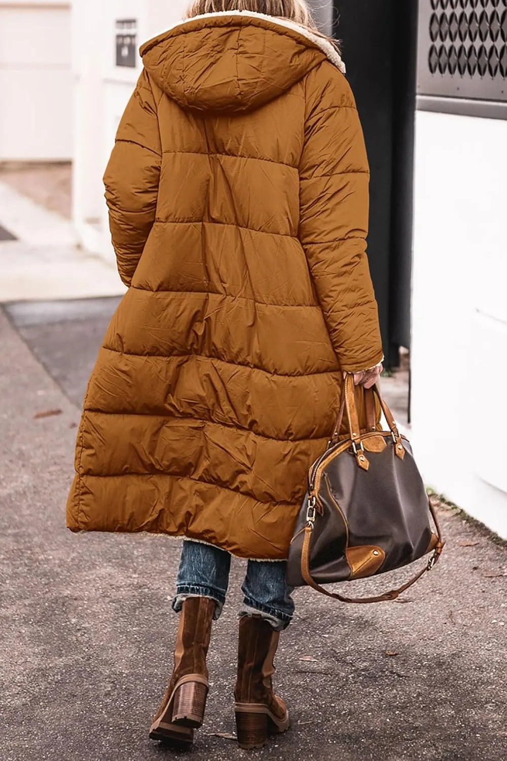 Thatrich Long Puffer Coat Women Casual Reversible Fleece Jacket Coats Loose Fit Windbreaked Winter Oversized Outfits Hooded