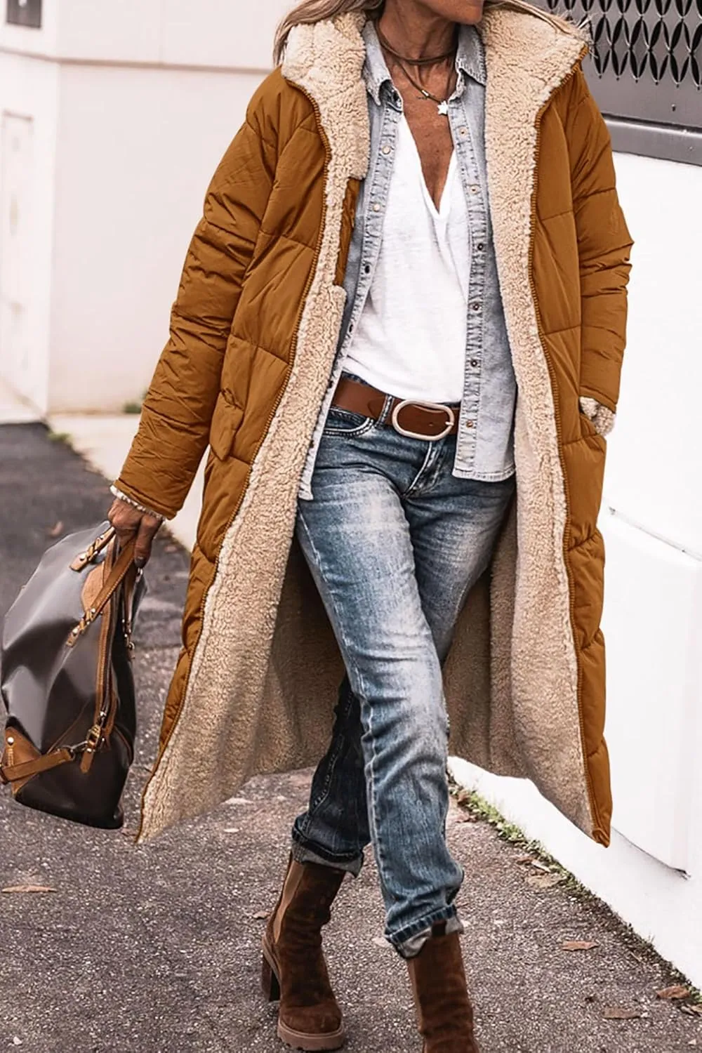 Thatrich Long Puffer Coat Women Casual Reversible Fleece Jacket Coats Loose Fit Windbreaked Winter Oversized Outfits Hooded
