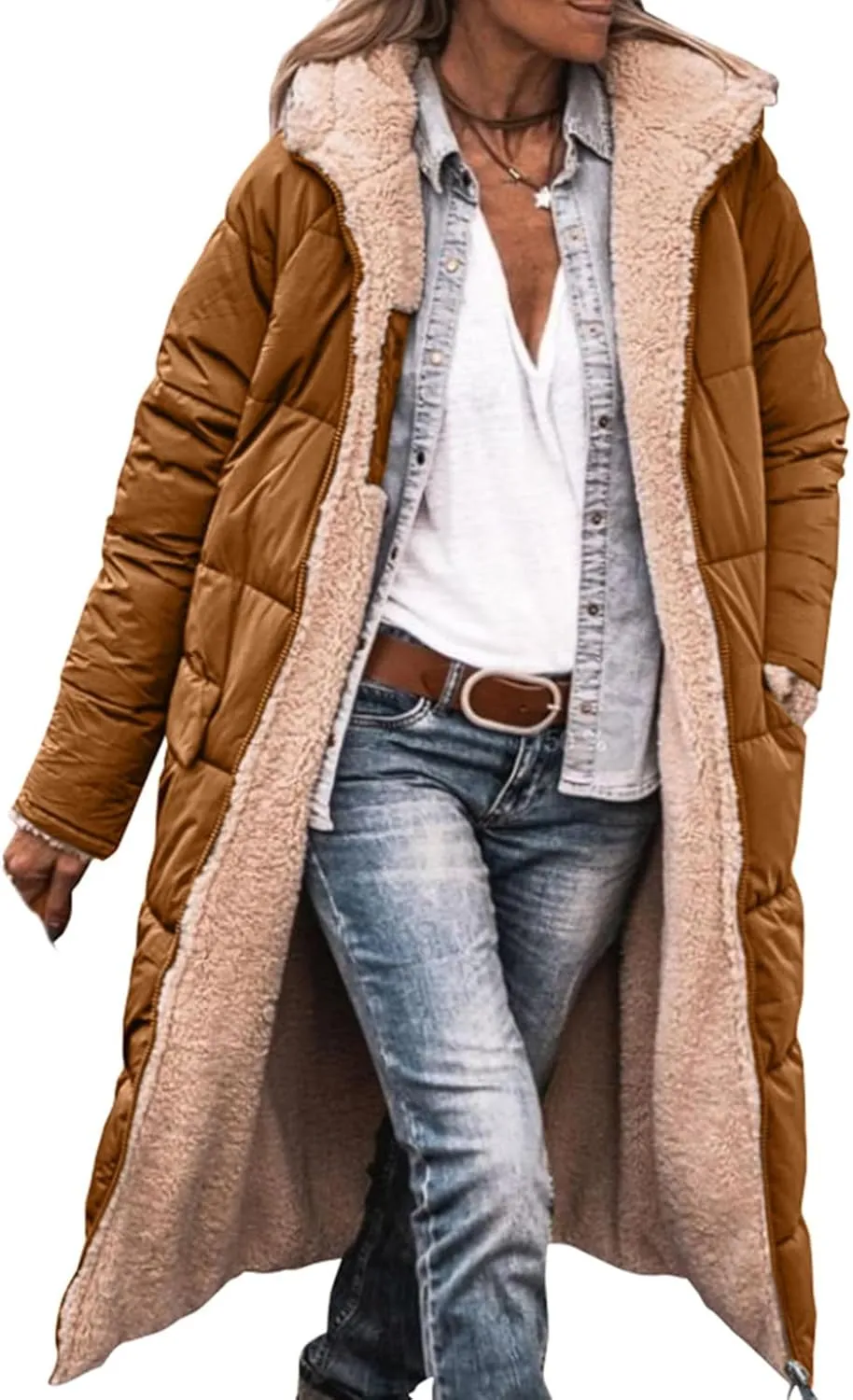 Thatrich Long Puffer Coat Women Casual Reversible Fleece Jacket Coats Loose Fit Windbreaked Winter Oversized Outfits Hooded