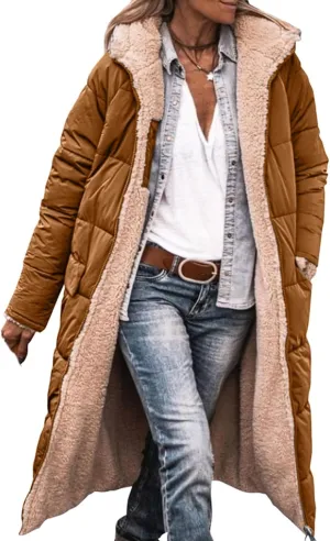 Thatrich Long Puffer Coat Women Casual Reversible Fleece Jacket Coats Loose Fit Windbreaked Winter Oversized Outfits Hooded