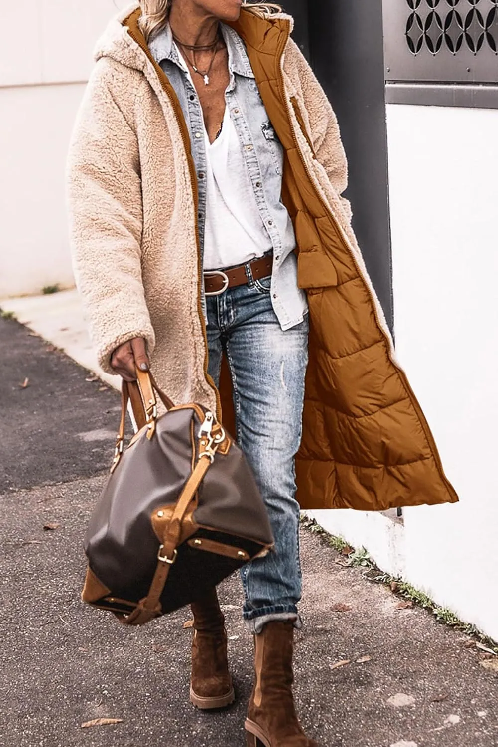 Thatrich Long Puffer Coat Women Casual Reversible Fleece Jacket Coats Loose Fit Windbreaked Winter Oversized Outfits Hooded