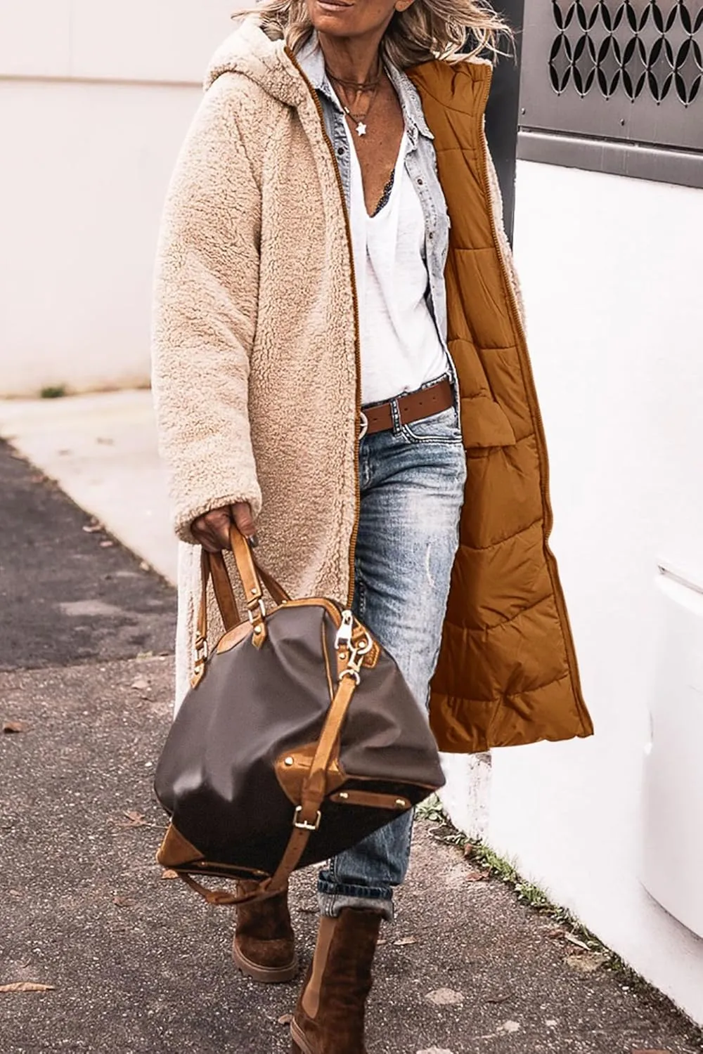 Thatrich Long Puffer Coat Women Casual Reversible Fleece Jacket Coats Loose Fit Windbreaked Winter Oversized Outfits Hooded